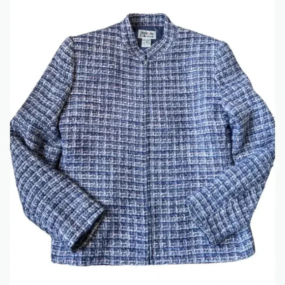 Style & Co Blue Tweed Zipper Front Longsleeve Winter Blazer Size 8 - Picture 3 of 9